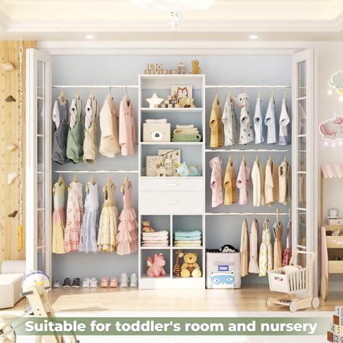 Besiost Closet System, 4-8 FT Closet Organizer Tower with 2 Wooden Drawers and Shelves, Can Fit 60 to 96 inch Walk-in Closet System with 5 Hanging Rods, Built-in, White - color: White