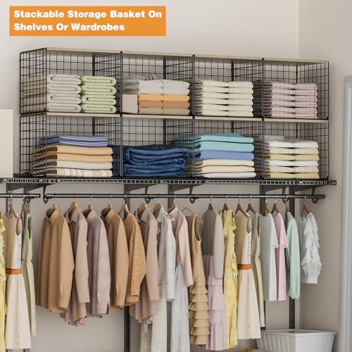 Extra-Long Closet Organizers and Storage with Top Board, 3 Pack Stackable Closet Shelf Organizer, Double Storage Design Clothes Storage Cube/Bin Organizer for Wardrobe,Space-Saving, Black,Sturdy,Metal - color: BLACK, size: 15.74"（L）*12"（W）*12.2"（H）