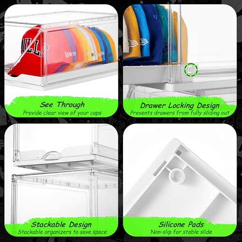 Vtopmart 2 Pack Hat Organizer for Baseball Caps, Clear Hats Holder Box with Drawer, Large Cap Storage with Sliding Tray, Stackable Rack Display Case with Magnetic Door, Each Holds 12 Hats