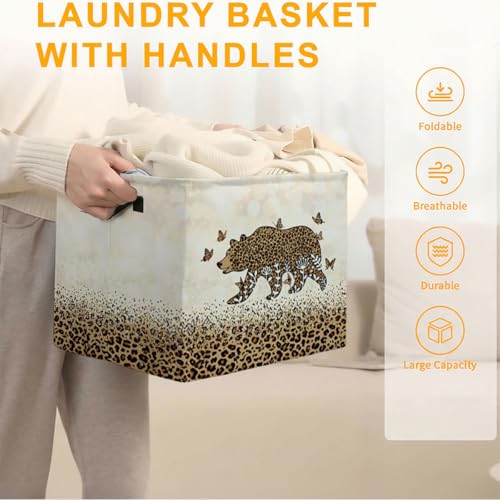 56L Leopard Print Bear Laundry Basket Clothes Hamper with Handles,Foldable Blanket Storage Large Laundry Hamper with Waterproof PE,Toy Storage Bin Organizer,Clothes Organizer,Home Decor - color: Leopard Print Bear