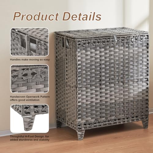 Laundry Hamper with Lid, 190L Large Laundry Basket 3 Section with 6 Removable Liner Bags & 3 Mesh Laundry Bags, Handwoven Rattan Clothes Hamper with Heightened Feet, No Install Needed, Grey - color: Grey