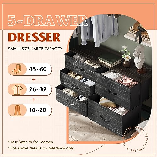 WLIVE Dresser for Bedroom with 5 Drawers, Wide Dressers with Drawer Organizers, Chest of Drawers, Fabric Dresser for Living Room, Closet, Hallway, Charcoal Black Wood Grain Print - color: Charcoal Black Wood Grain Print