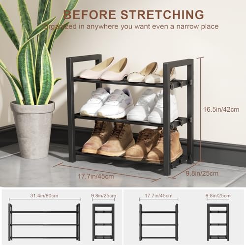 3-Tier Expandable Shoe Rack, Adjustable Shoe Shelf Storage Organizer Heavy Duty Metal Free Standing Shoe Rack for Entryway Closet Doorway (Black) - size: 3 Tier