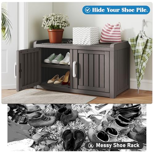 KAMABOKO Shoe Storage Cabinet Waterproof UV-Resistant, Entryway Storage Bench Indoor Outdoor with 2 Barn Doors, Adjustable Shelves for Entryway, Bedroom, Hallway,Living Room(Grey) - color: Grey, size: Double Door