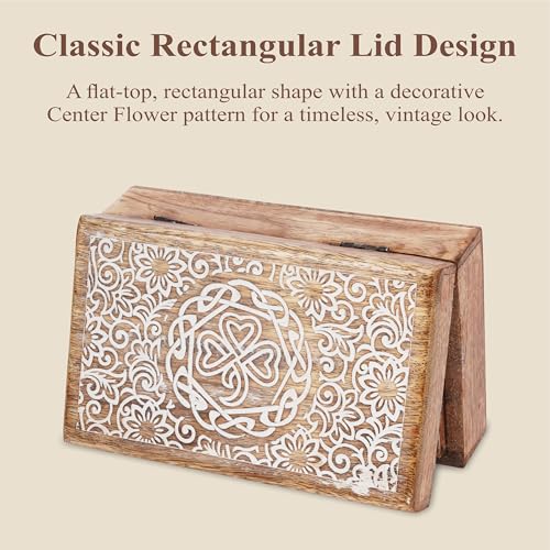 Ajuny Mango Wood Jewelry Box – Hand-Carved Celtic Knot Keepsake/Memory Box, Decorative Trinket & Treasure Chest Organizer, Handmade Gift for Women & Men, Travel Friendly, 8x5 Inch - style: Center Flower Des