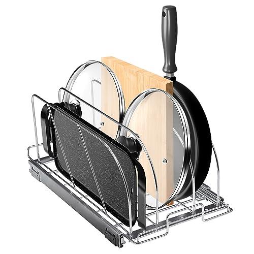 VEVOR Pan and Pot Rack, Expandable Pull Out Under Cabinet Organizer, Cookie Sheet Baking Pans tray Organization, Adjustable Wire Dividers, Steel Lid Holder for Kitchen Cabinet & Pantry Storage, 13.8"W - size: 12 inch, style: Single Tier