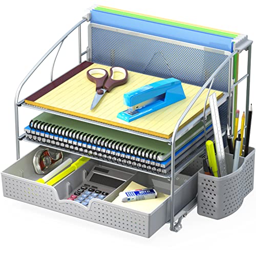 Simple Houseware 3-Tier Desk Organizer with Sliding Drawer, Hanging File Holder and Pen Holder Accessory, Silver - color: Silver, size: 1 Pack