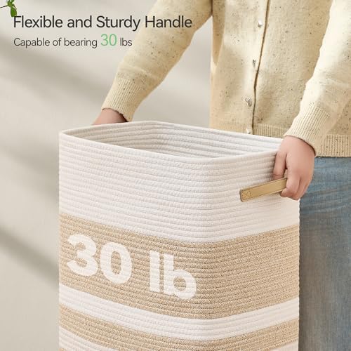 Nunsino Laundry Hamper,Laundry Basket with Leather Handles,Woven Storage Basket for Toys,Pillows,Blankets,Clothes,Brown&White - color: Brown&White, size: 65 L