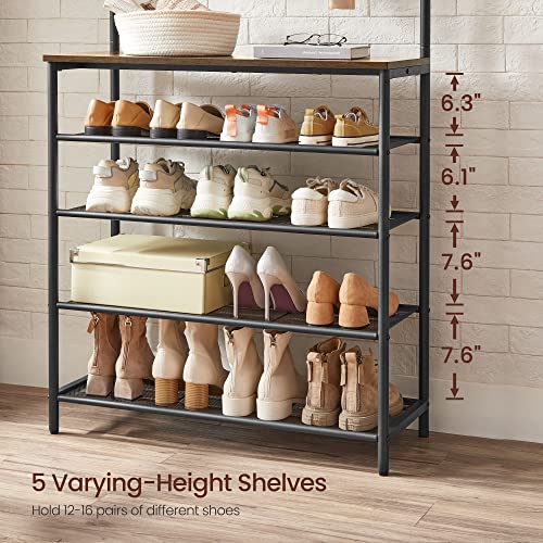 VASAGLE Hall Tree with Shoe Bench, Coat Rack Shoe Bench, 5-Tier Shoe Rack Different Heights, 5 Dual Hooks, Top Shelf, Entryway Organizer, Hallway Bedroom Dorm, Rustic Brown and Black UHSR408B01 - size: 31.5”W