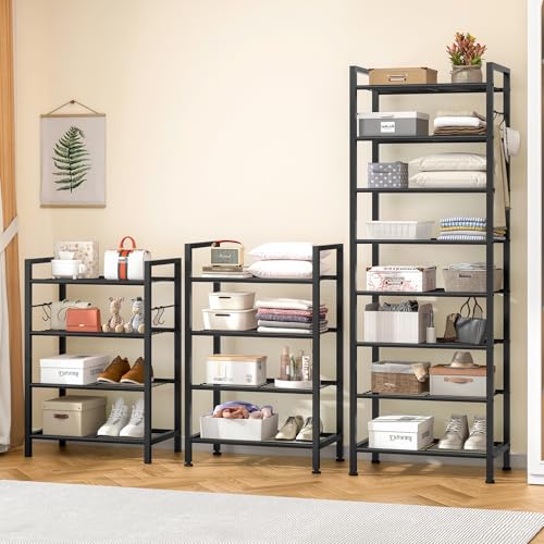 8 Tiers Narrow Shoe Rack 16-24 Pairs, Sturdy Metal Tall Shoe Rack with 4 Hooks, Slim Shoe Storage Organizer with Metal Shelf, Space Saving Vertical Shoe Shelf for Entryway, Closets, Black - color: Black