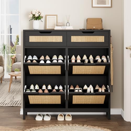 Jocoevol Rattan Shoe Cabinet for Entryway with 4 Flip Drawers and 2 Drawers, Narrow Freestanding Shoe Storage Cabinet with Metal Legs for Entryway/Hallway/Foyer (Black) - color: Black