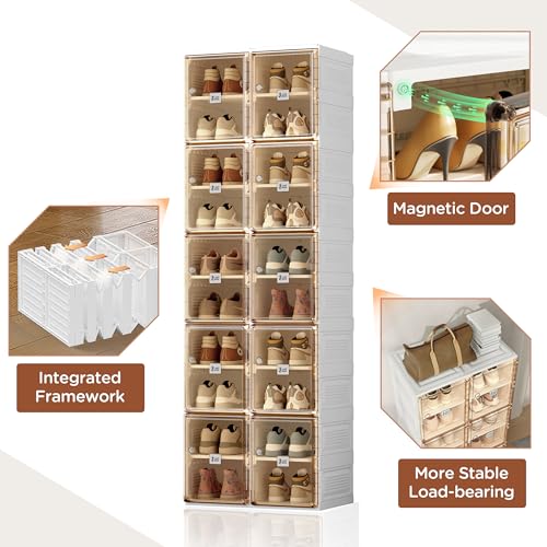 ANTBOX Shoe Organizer Storage Box, Portable Folding Shoe Rack For Closet With Magnetic Clear Door,Large Sneaker Cabinet Bins Sturdy Easy Assembly 10 Layers-20 Grids - size: 10 Layers-20 Grids