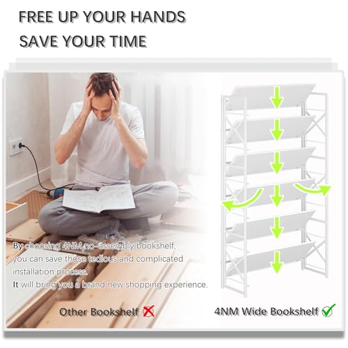 4NM Extra Wide 6 Tiers No Assembly Book Shelves, 61.8" H Folding Bookshelf Bookcase Open Industrial Foldable Shelves for Bedroom, Living Room, Home Office - All White - color: All White, size: Wide XX 6-Tier