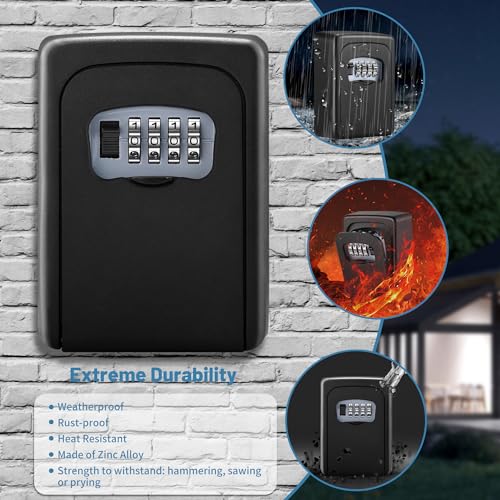 Key Lock Box Wall Mounted,4 Digit Combination Weatherproof Lockbox for Outside House,5 Keys Large Capacity Lockbox,Key Safe Security Storage Lock Box with Resettable Code for Indoor Outdoor Garage - color: 1 pack-Black