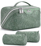BOYATU Travel Makeup Bags Cosmetic Organizer Bag: 3-Set Large Capacity Make up Bag - PU Leather Toiletry Bags for Women - Wide Open Portable Pouch with Divider & Handle (03-Green-2) - color: 03-Green-2