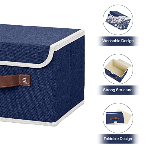 ANMINY 2PCS Storage Bins with Lid PU Leather Handles Storage Boxes PP Plastic Board Decorative Foldable Lidded Cotton Linen Fabric Home Cubes Baskets Closet Organizer Containers - Blue, Small Size - color: Blue, size: Small (Pack of 2)