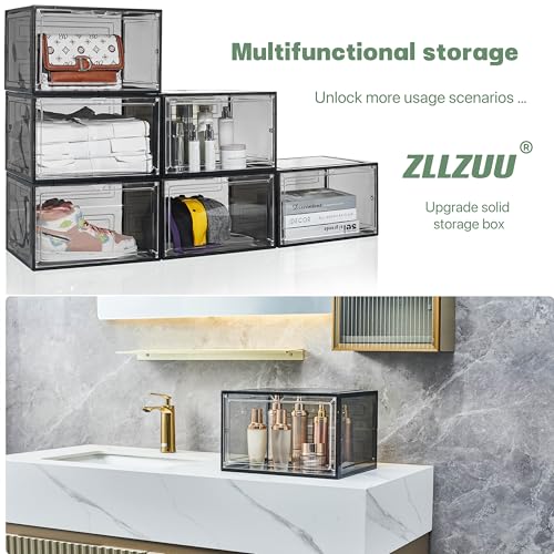 ZLLZUU Shoe Organizer Shoe Storage Boxes, 6 Pack Large Drop Front Shoe Boxes with Magnetic Door, Clear Plastic Stackable Shoe Containers (Black) - color: Black, size: Large-6Pack