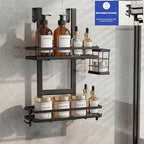 Over the Door Shower Caddy Hanging, Rustproof Shower Shelves with Waterproof Phone Pouch, 2-Tier Adjustable Bathroom Organizers and Storage, No Drilling Shower Shelf, Black Shampoo Soap Holder - size: 2 Tier