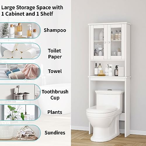 Shintenchi Over the Toilet Storage Cabinet, Bathroom Shelf Organizer with Anti-Tip Device Small Freestanding Space Saver with Adjustable Shelf and Glass Door, White - color: White, size: Glass Door