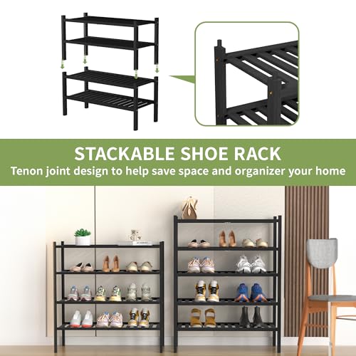 ROMGUAR CRAFT 4 Tier (Thick) Bamboo Shoe Rack for Closet Free Standing Wood Shoe Shelf for Entryway Small Space Stackable 27"x12"x28" (Blackl) - color: Black, size: 4 Tier(Thick)