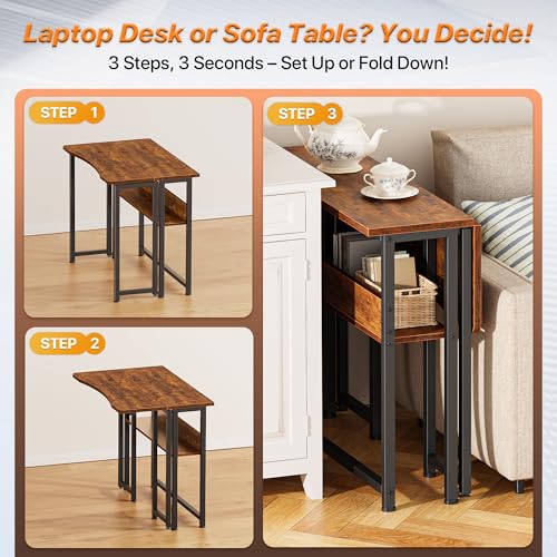 Huuger Folding Desk with Storage Shelf, 31.5 Inch Foldable Computer Table for Small Spaces, Space Saving Sofa Table for Couch, Writing Work Office Computer Desk, Easy to Fold, Rustic Brown - color: Rustic Brown, size: 18.5"D x 31.5"W