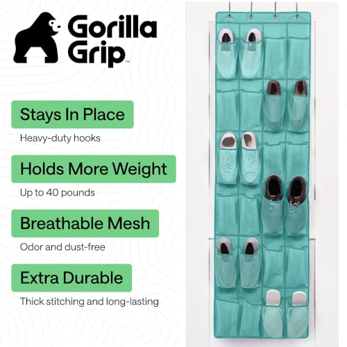 GORILLA GRIP Over the Door Shoe Organizer, 24 Large Breathable Mesh Pockets, Space Saving Hanging Storage Holder, Closet Rack Hanger Holds Up to 40 lbs, Hangs on Closets, Shoes, Accessories, Turquoise - color: Turquoise, size: 24 Pockets/4 Hooks