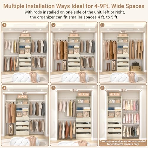 Aheaplus 4-9Ft Closet System, Closet Organizer with 4 Wooden Drawers, Wood Closet Organizer System with Tower, Walk-in Closet Organizer Wardrobe and Storage with 4 Hanging Rods, White Oak - color: White Oak-1Set