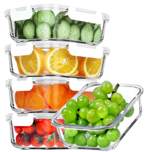 VERONES 5 Pack 36 OZ Glass Meal Prep Containers, Airtight Glass Lunch Containers Set, Food Storage Containers with Lids,Exclusive of BPA, for Microwave, Oven, Freezer & Dishwasher Friendly,White - color: White