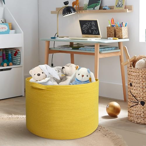 MEGASKET Extra Large Yellow Basket, 22” X 22” X 14” Cotton Rope Yellow Decor for Living Room Bedroom, Woven Basket for Blanket, Laundry, Towel, Shoe, Baby Nursery Toy Organizer, Room Decor Storage Bin - color: Yellow, size: 22"x22"x14"