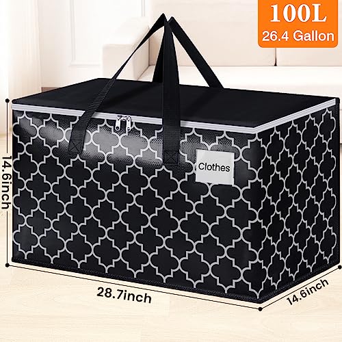 HomeHacks Heavy Duty Moving Bags with Tag Pockets, Collapsible Storage Totes for Moving, Camping & Travel -Foldable Packing Boxes, Zipper Handles, Black（6 Packs, 100L） - size: 100L