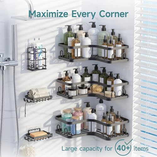 Veken Corner Shower Caddy 6-Pack, Advanced Rustproof Design, No Drilling Adhesive Shelves, Rack with Soap Holder, Large Capacity Bathroom Organizers and Storage, Wall-Mounted Kitchen&Home Decor,Black - color: Black, size: 6-Piece Set(3 Large+3 Small)