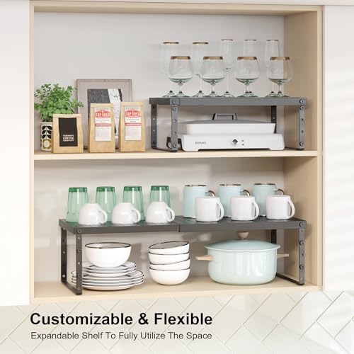 RUILALIFE Expandable Cabinet Organizer Shelf With Adjustable Height, Stackable Kitchen Countertop Organizer Rack, Adjustable Shelf Riser For Kitchen Counter, Pantry, Cupboard, Desk, Tabletop - color: Black-2 Pack