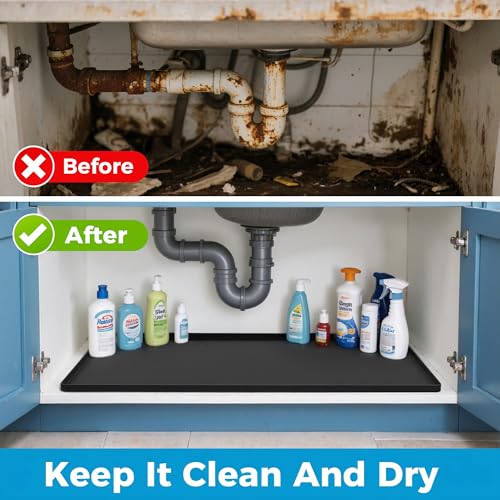 URMONA 40'' x 22'' Waterproof Silicone Under Sink Mat Cabinet and Counter Protector, Shelf Liner for Kitchen and Bathroom, Storage and Organizers, Litter Mat, Pet Cat Puppy Essentials（Black） - color: Black, size: 40"L x 22"W