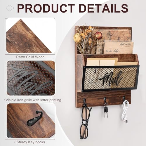 Yalikop Farmhouse Mail Organizer Wall Mounted Rustic Mail Holder Hanging Key Sorter with 3 Hooks Indoor Wooden Wall Mounted, Letter, Magazines, Newspapers, Keys(Classics,Brown) - color: Brown