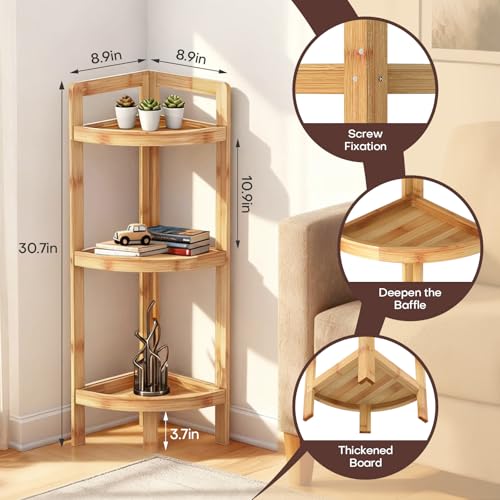2026 New Bamboo Standing Shelf, 3 Tier Corner Shelf Stand, Free-Standing Shelf Units, Triangular Curved Corner Shelf Stand for Space-Saaving Display Ideal for Bathroom/Kitchen/Living Room Storage - size: 3-Tier