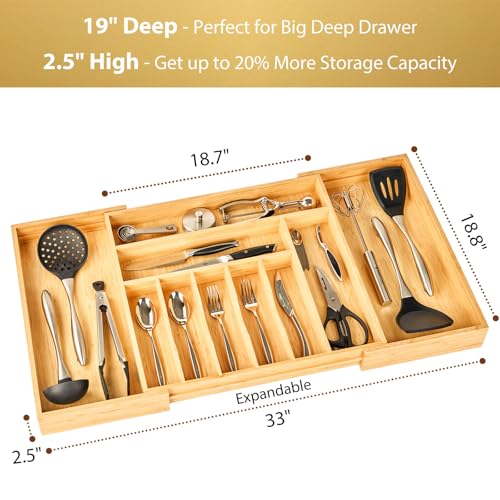 Umilife Extra Large Expandable Kitchen Siverware Utensils Drawer Organizer, 19" Deep for Big Drawer, Adjustable Bamboo Wood Drawer Divider with Curved Grooves, Cutlery Tray Flatware Holder - size: Expandable 19~33 x 19 inch