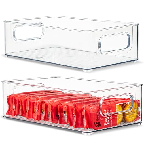 Plastic Food Storage 2 Pack Clear Container Bin with Handles for Organizing Kitchen, Pantry, Refrigerator, Freezer, Pantry, Cabinet, Closet, Bathroom. Stackable 10”x6”x3” - size: 10x6x3