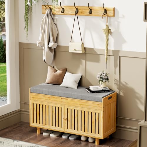 Shoe Storage Bench Coat Rack Set, 35.4" Bamboo Shoes Bench with Lift Top Hidden Storage & Wall Hooks, Hall Tree Entryway Bench with Seat Cushion, 2-Tier Shoe Cabinet for Entryway, Living Room, Bedroom - color: Natural With Hooks