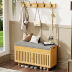 Shoe Storage Bench Coat Rack Set, 35.4" Bamboo Shoes Bench with Lift Top Hidden Storage & Wall Hooks, Hall Tree Entryway Bench with Seat Cushion, 2-Tier Shoe Cabinet for Entryway, Living Room, Bedroom - color: Natural With Hooks