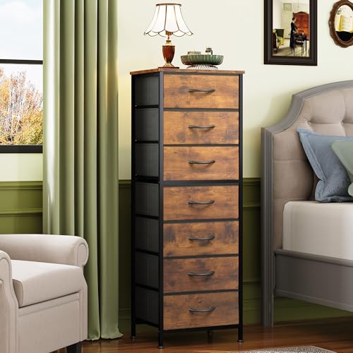 WLIVE Tall Dresser for Bedroom, 7 Drawer Dressers & Chests of Drawers, Fabric Dresser for Closet, Night Stand with Metal Frame, Storage Tower with Fabric Bins, Wood Top, Rustic Brown Wood Grain Print - color: Rustic Brown Wood Grain Print, size: 11.73"D x