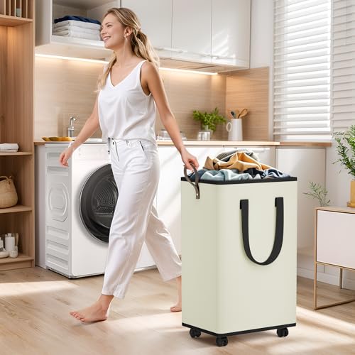 SpaceTrove Laundry Basket with Wheels, Collapsible Laundry Baskets, Laundry Hamper with Handles Detachable Wheels, Rolling Laundry Basket, Dirty Clothes Hamper for Bathroom, Dorm, Bedroom, Cream, 80L - color: Cream, size: 80L