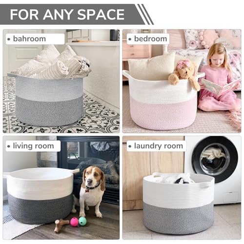 INDRESSME Extra Large Laundry Basket, Cotton Rope Blanket Basket for Nursery Living Room, Decorative Woven Storage Basket with Handles for Dirty Clothes, Toy Bin For Dog Toys, 21.7 x 13.8 inches, Grey - color: Light & Dark Grey, size: 21.7"D x 13.8"H