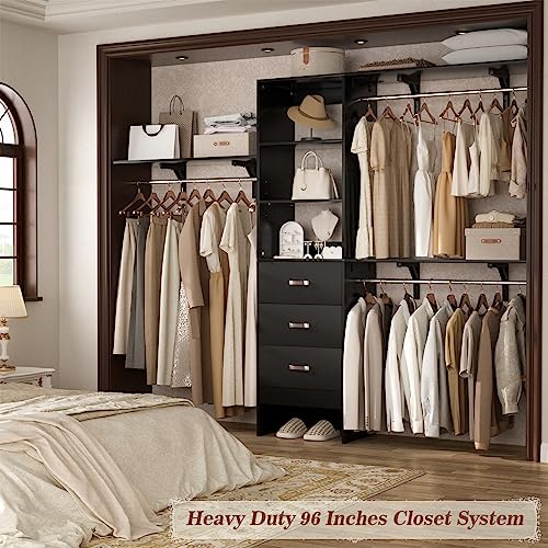 Armocity 96 Inches Closet System, 8FT Walk In Closet Organizer with 3 Shelving Towers, Heavy Duty Clothes Rack with 3 Drawers, Built-In Garment Rack, 96" L x 16" W x 75" H, Max Load 1000 LBS, Black - color: Black