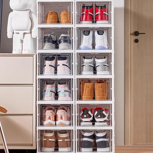 Foldable Shoe Rack,No Assembly Stackable Shoe Storage Box with Doors,Free Standing Plastic Space Saving Shoe Cabinet Bins Dustproof,Folding Shoe Box Organizers (9 Tier-9 Pairs White) - size: 9 Tier-9 Pairs White