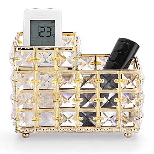 Hipiwe Crystal Remote Control Holder Gold Bling Makeup Brush Organizer Remote Caddy Candle Tabletop Pen Pencil Storage for Dresser Office Bathroom, 2-Slot - style: 2-Slot, Gold
