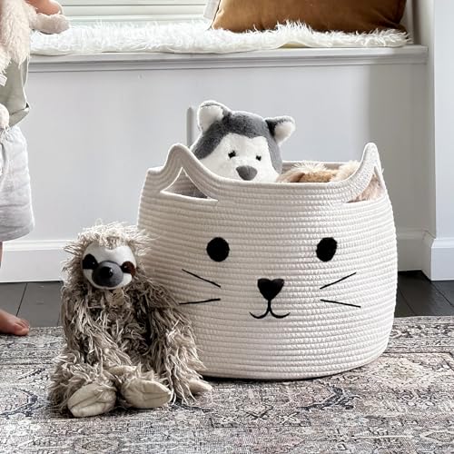 Large Woven Cotton Rope Storage Basket, Baby Laundry Basket Organizer for Towels, Blanket, Toys, Clothes, Gifts | Pet Gift Baskets for Cat, Dog - 15.7" L×11.8" H - color: White, size: 15.7"W x 11.8"H