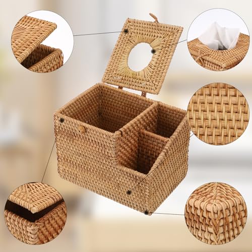 Sumnacon Tissue Box Square Tissue Box Cover with Storage Rattan Tissue Box Holder with 2 Side Organizer,Wicker Tissue Cover Cube Tissue Holder for Bathroom Living Room Table Desk Office - color: Natural