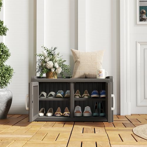 KAMABOKO Shoe Storage Cabinet Waterproof UV-Resistant, Entryway Storage Bench Indoor Outdoor with 2 Barn Doors, Adjustable Shelves for Entryway, Bedroom, Hallway,Living Room(Grey) - color: Grey, size: Double Door