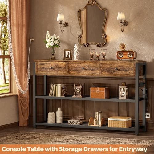 Ecoprsio 47'' Entryway Table with Outlets and USB Ports, Console Table with 3 Drawers, Sofa Table Narrow Long with Storage Shelves for Living Room, Couch, Hallway, Foyer, Kitchen Counter, Rustic Brown - color: Rustic Brown, size: 47-In