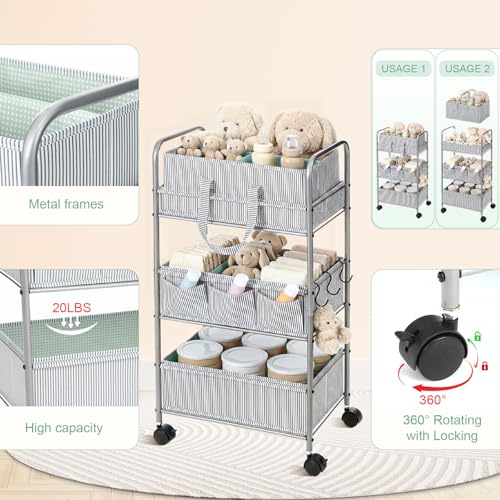 WILLBOND 2 in 1 Baby Diaper Caddy Organizer Cart, 3 Tier Large Stripe Bedside Rolling Cart Metal for Baby Essential with Divider for Newborn Registry Must Have Nursery Bedroom Mother Gift(Green) - color: Green